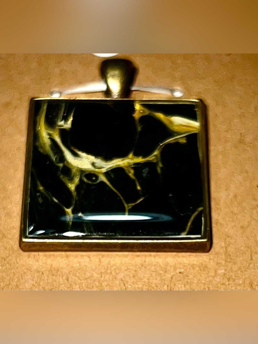 Handmade Black and Gold Rectangular Poured Paint Pendant  NEW